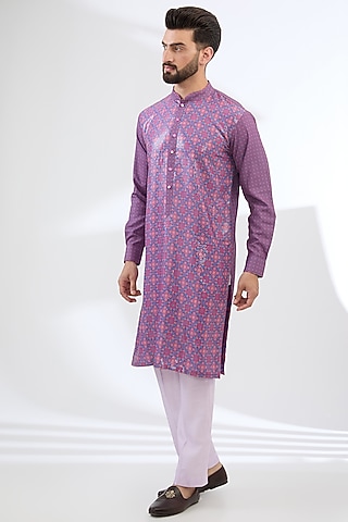 Purple Georgette Printed & Sequins Embroidered Kurta Set by Rabani & Rakha Men