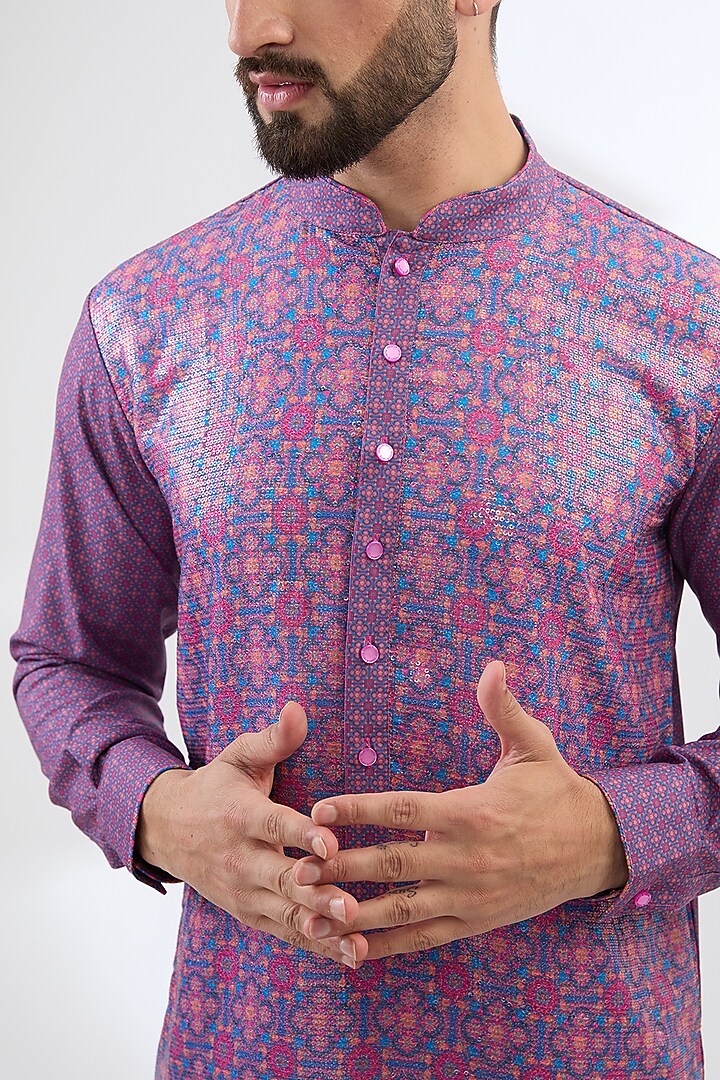 Purple Georgette Printed & Sequins Embroidered Kurta Set by Rabani & Rakha Men at Pernia's Pop Up Shop