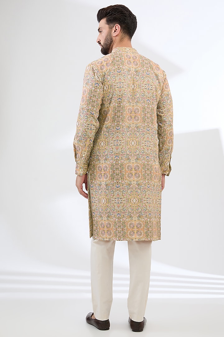 Pale Yellow Georgette Printed & Sequins Embroidered Kurta Set by Rabani & Rakha Men at Pernia's Pop Up Shop