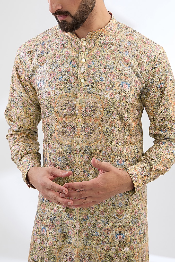 Pale Yellow Georgette Printed & Sequins Embroidered Kurta Set by Rabani & Rakha Men at Pernia's Pop Up Shop