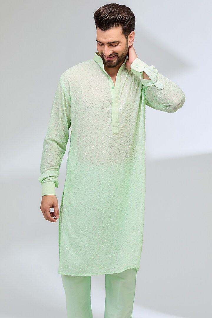 Mint Green Georgette Sequins Embroidered Kurta Set by Rabani & Rakha Men at Pernia's Pop Up Shop