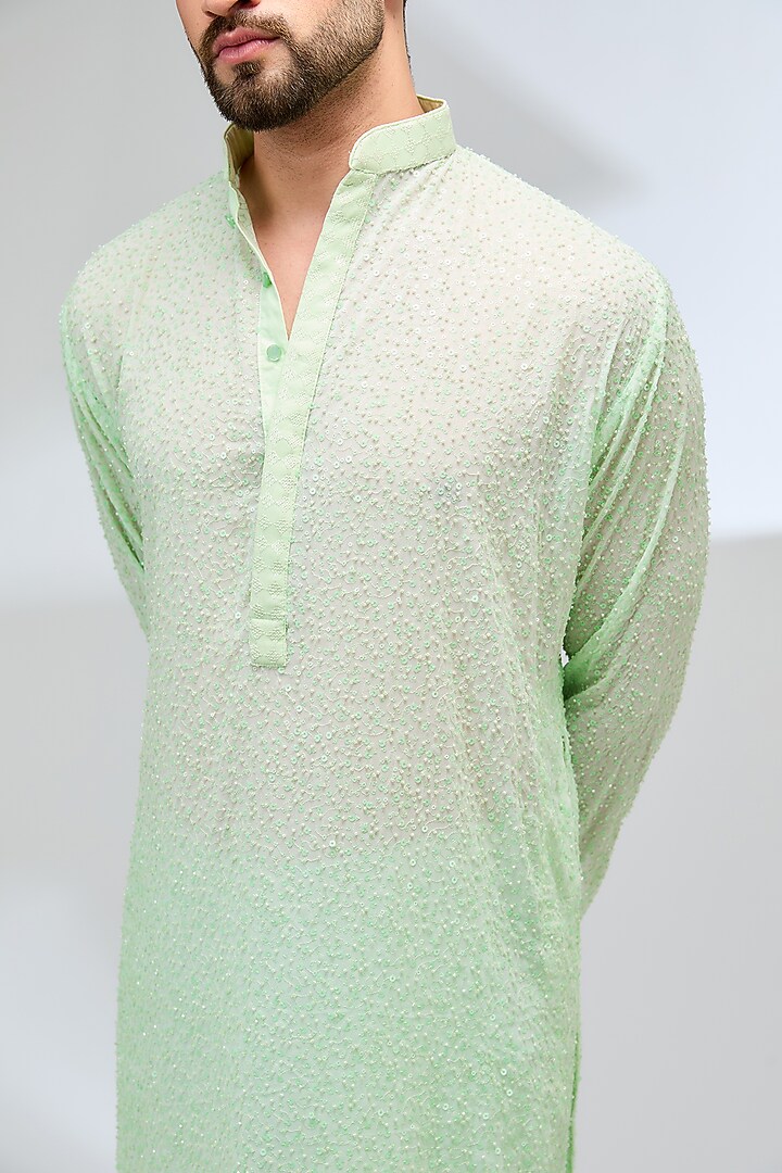Mint Green Georgette Sequins Embroidered Kurta Set by Rabani & Rakha Men at Pernia's Pop Up Shop