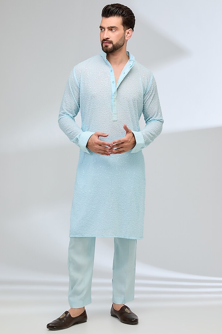 Aqua Blue Georgette Sequins Embroidered Kurta Set by Rabani & Rakha Men at Pernia's Pop Up Shop