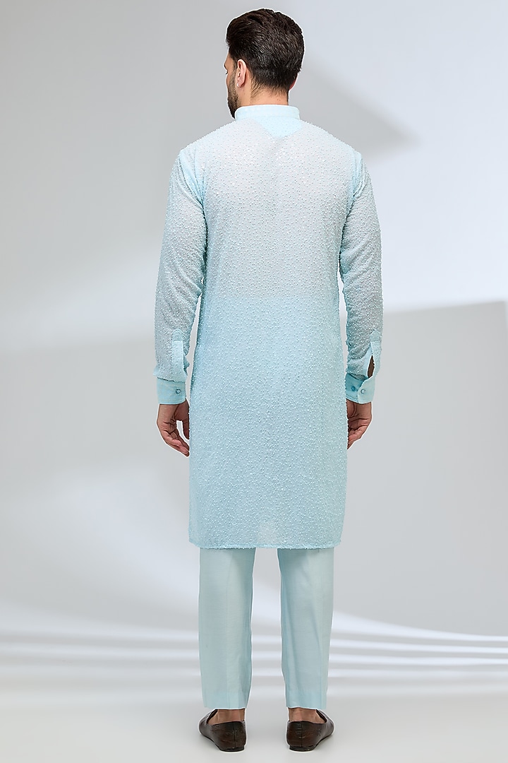 Aqua Blue Georgette Sequins Embroidered Kurta Set by Rabani & Rakha Men at Pernia's Pop Up Shop