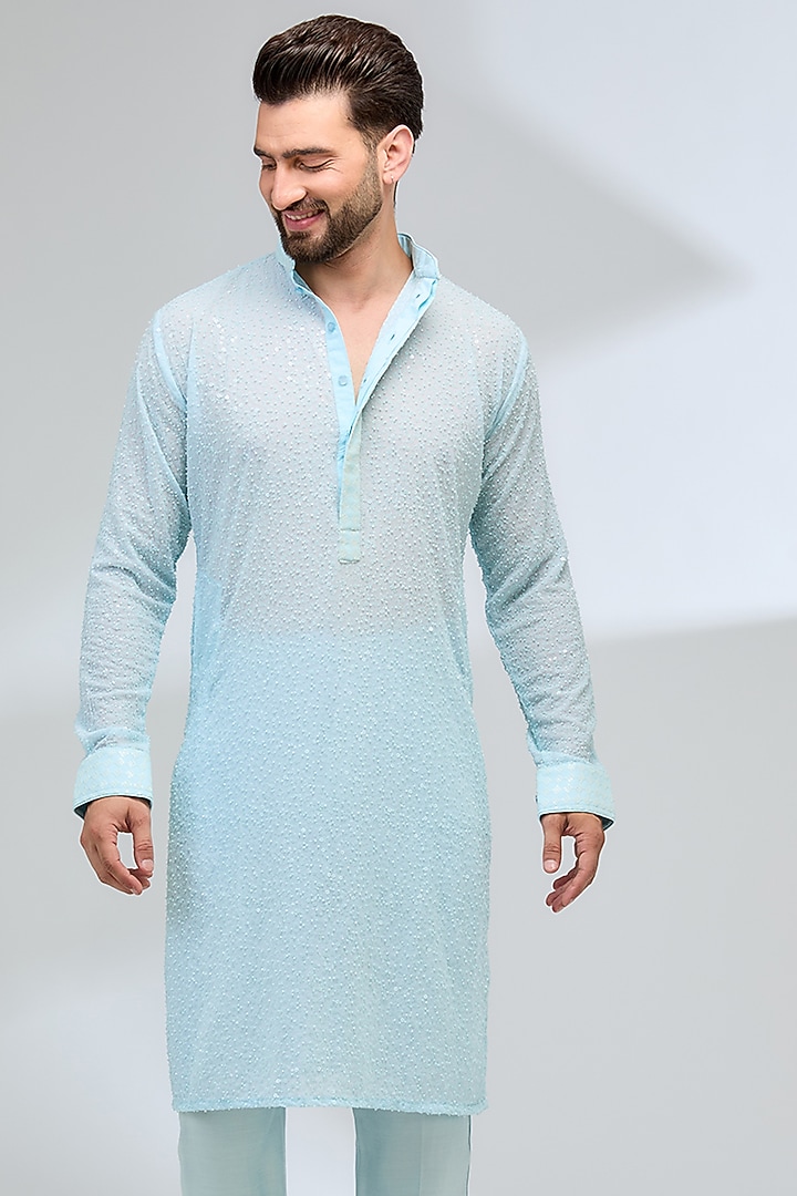 Aqua Blue Georgette Sequins Embroidered Kurta Set by Rabani & Rakha Men at Pernia's Pop Up Shop