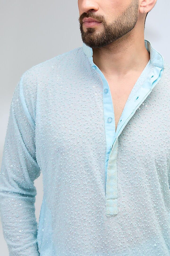 Aqua Blue Georgette Sequins Embroidered Kurta Set by Rabani & Rakha Men at Pernia's Pop Up Shop