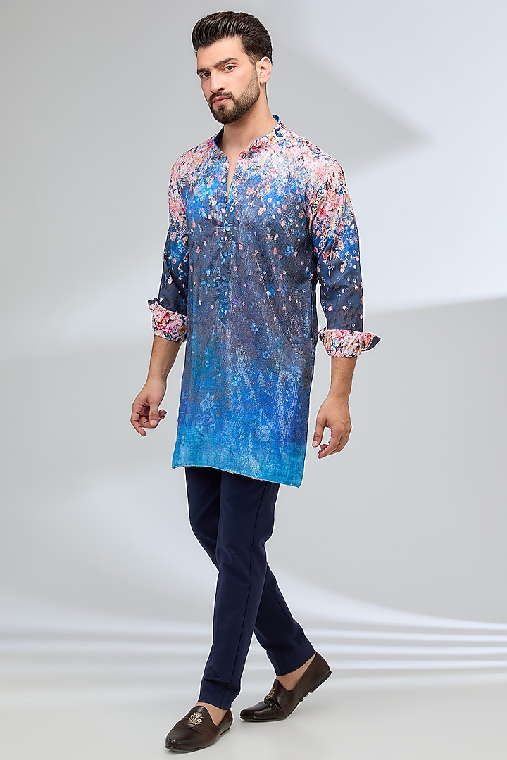 Indigo Blue Georgette Burst Printed Kurta Set by Rabani & Rakha Men at Pernia's Pop Up Shop