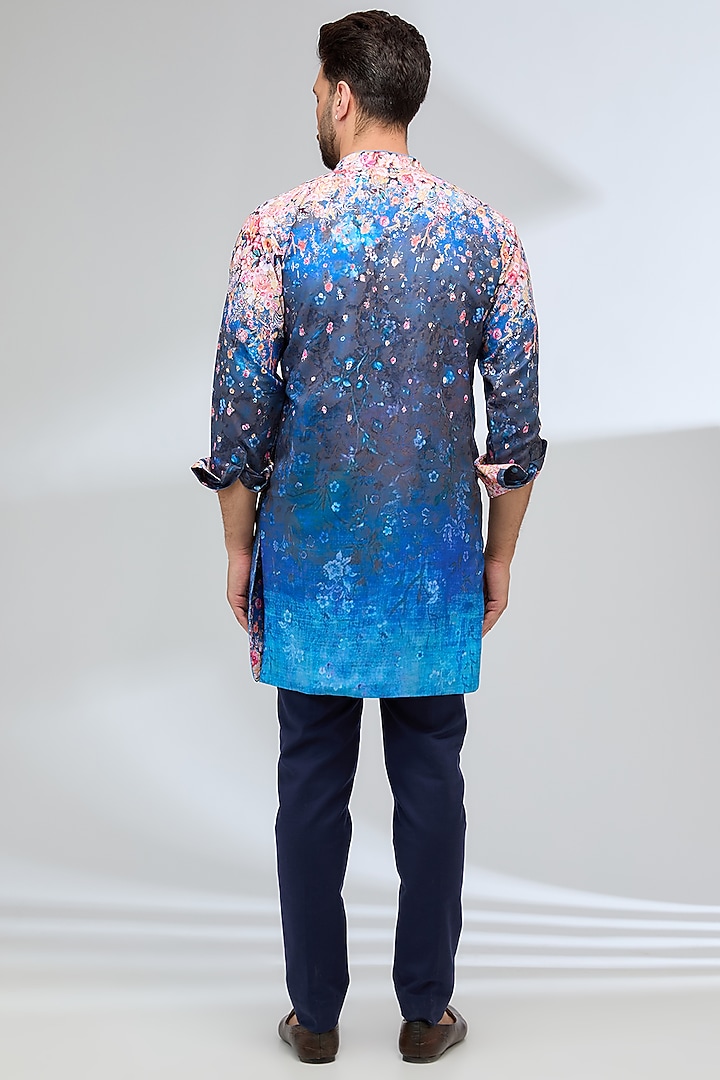 Indigo Blue Georgette Burst Printed Kurta Set by Rabani & Rakha Men at Pernia's Pop Up Shop