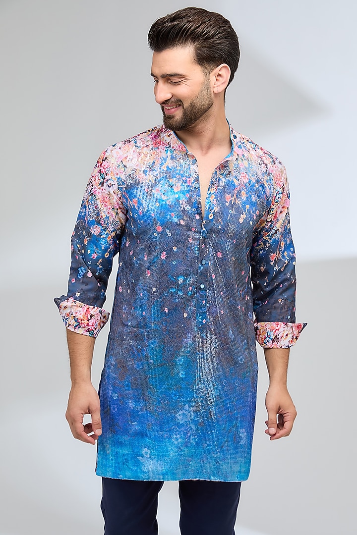 Indigo Blue Georgette Burst Printed Kurta Set by Rabani & Rakha Men at Pernia's Pop Up Shop
