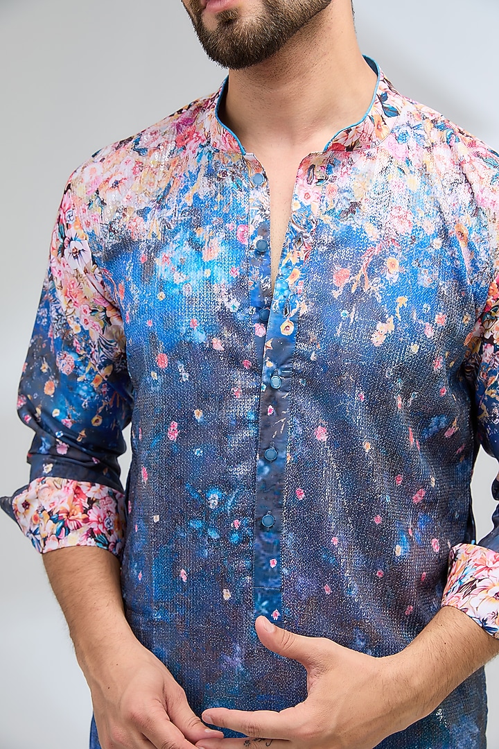 Indigo Blue Georgette Burst Printed Kurta Set by Rabani & Rakha Men at Pernia's Pop Up Shop