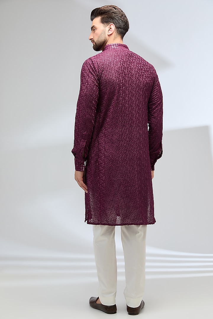 Blood Red Georgette Thread Embroidered Kurta Set by Rabani & Rakha Men at Pernia's Pop Up Shop
