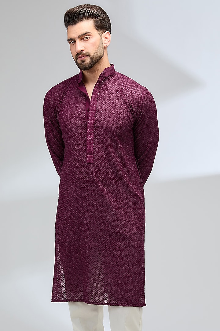 Blood Red Georgette Thread Embroidered Kurta Set by Rabani & Rakha Men at Pernia's Pop Up Shop
