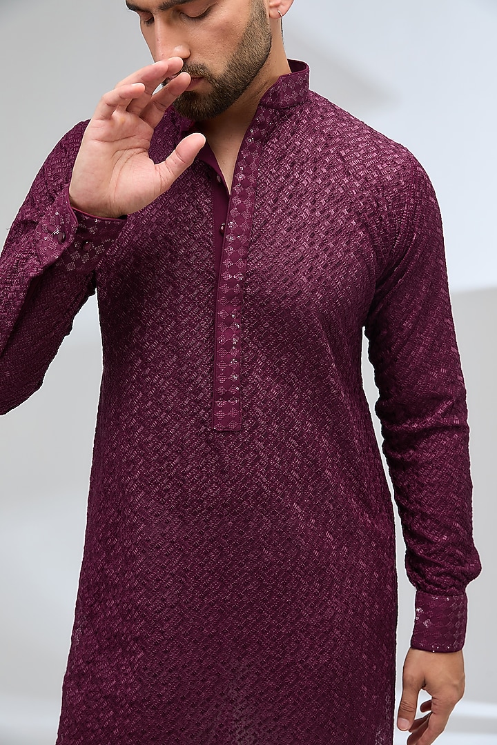 Blood Red Georgette Thread Embroidered Kurta Set by Rabani & Rakha Men at Pernia's Pop Up Shop