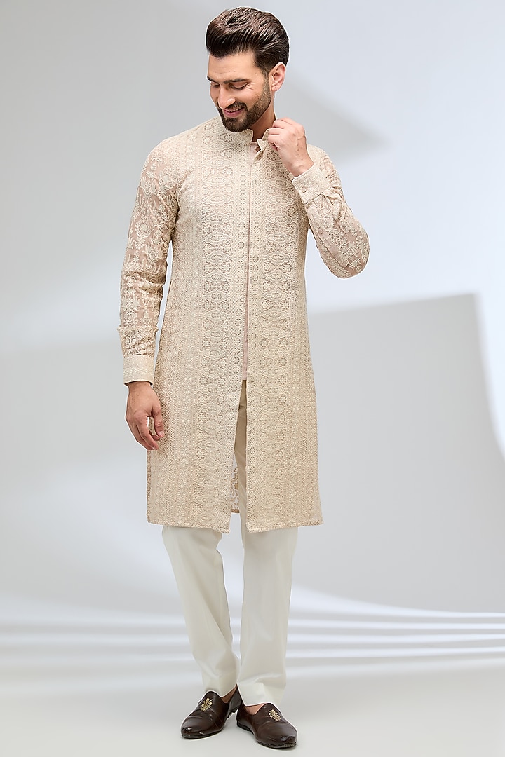 Nude Pink Georgette Thread Embroidered Kurta Set by Rabani & Rakha Men at Pernia's Pop Up Shop