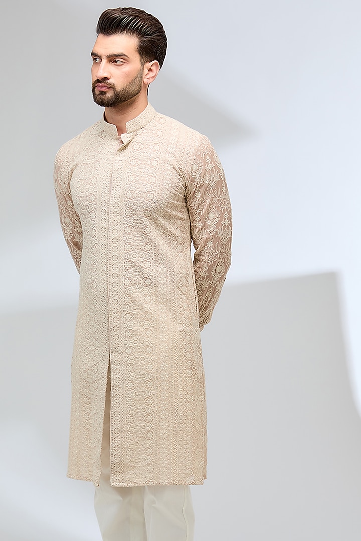 Nude Pink Georgette Thread Embroidered Kurta Set by Rabani & Rakha Men at Pernia's Pop Up Shop