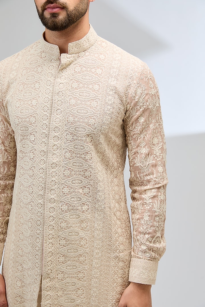 Nude Pink Georgette Thread Embroidered Kurta Set by Rabani & Rakha Men at Pernia's Pop Up Shop