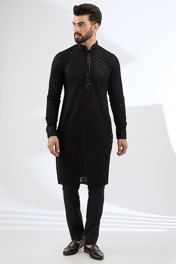 Black Georgette Thread Embroidered Quilted Bundi Jacket Set by Rabani & Rakha Men at Pernia's Pop Up Shop