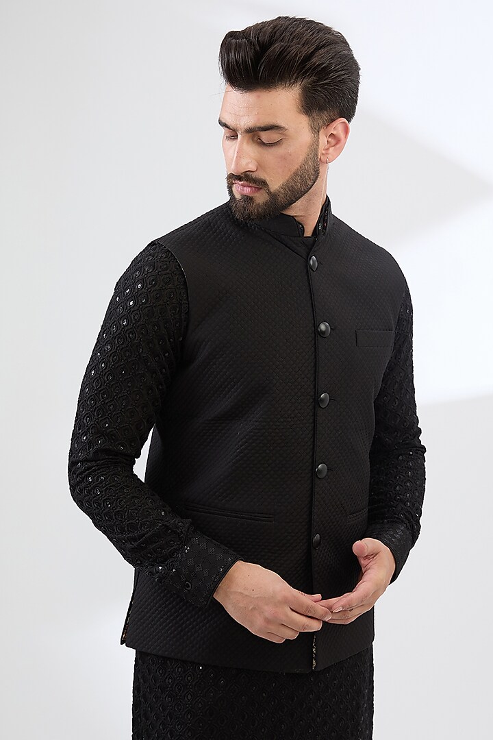 Black Georgette Thread Embroidered Quilted Bundi Jacket Set by Rabani & Rakha Men at Pernia's Pop Up Shop