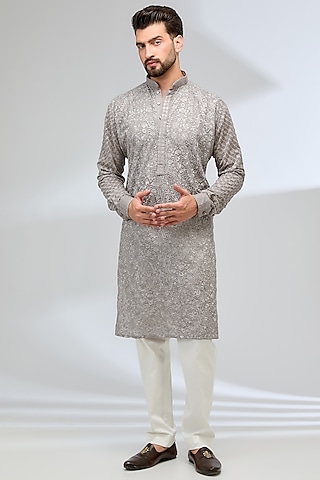 Grey Georgette Thread Embroidered Kurta Set by Rabani & Rakha Men