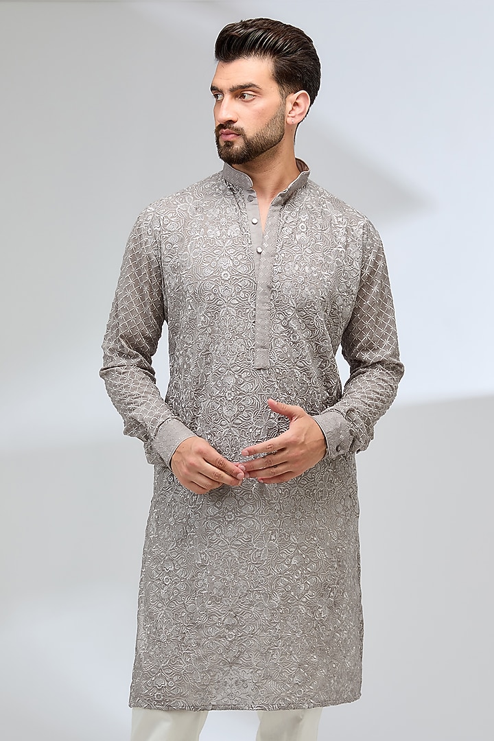 Grey Georgette Thread Embroidered Kurta Set by Rabani & Rakha Men at Pernia's Pop Up Shop