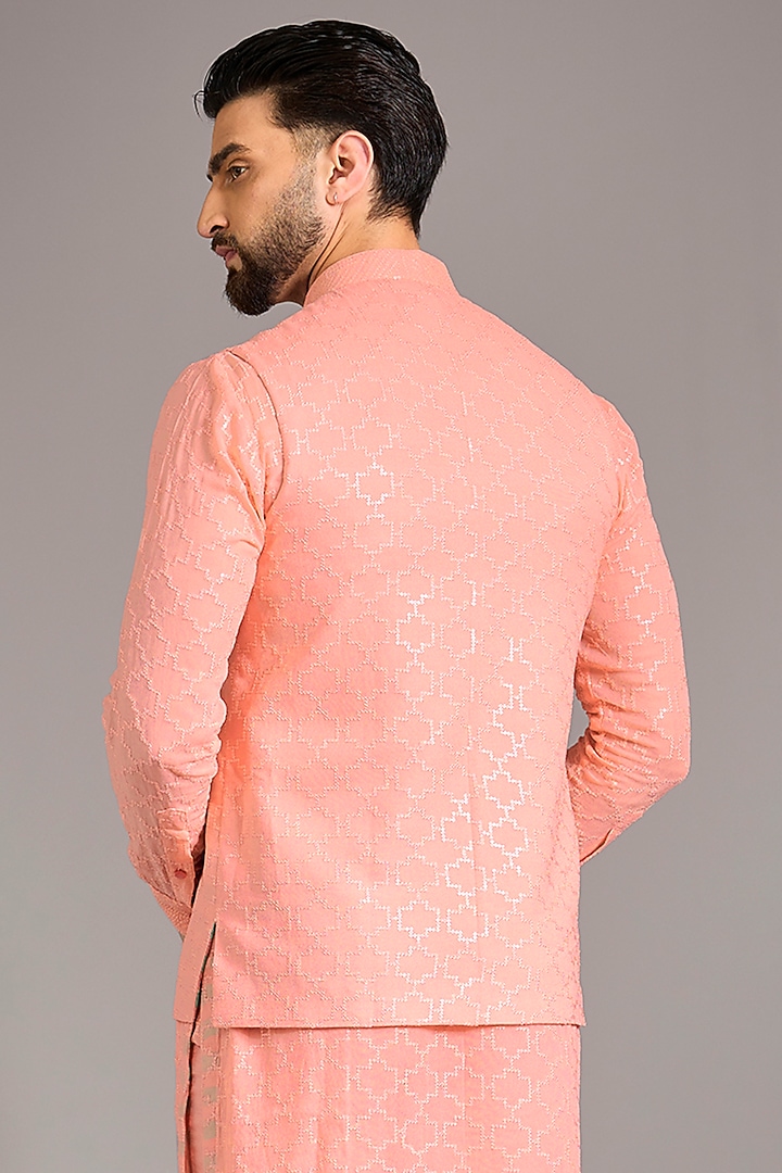 Rose Peach Georgette Printed & Sequins Embroidered Bundi Jacket by Rabani & Rakha Men at Pernia's Pop Up Shop