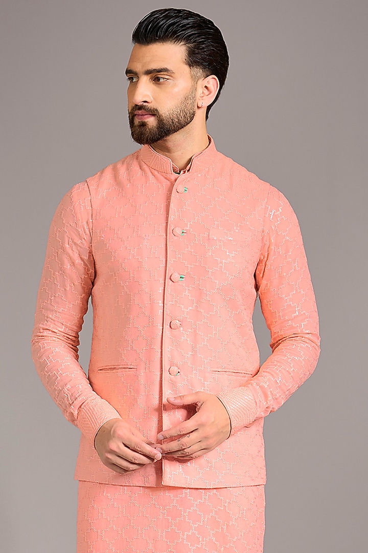 Rose Peach Georgette Printed & Sequins Embroidered Bundi Jacket by Rabani & Rakha Men at Pernia's Pop Up Shop