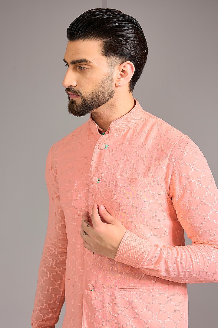 Rose Peach Georgette Printed & Sequins Embroidered Bundi Jacket by Rabani & Rakha Men at Pernia's Pop Up Shop