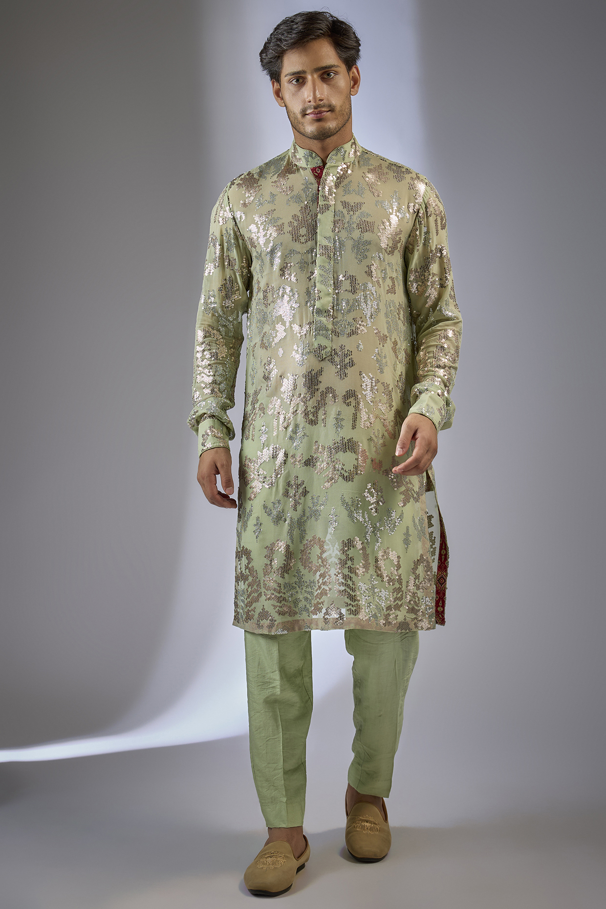 Sage Green Georgette Sequin Embroidered Kurta Set by Rabani & Rakha Men