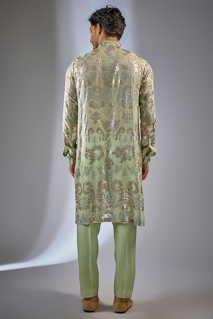 Sage Green Georgette Sequin Embroidered Kurta Set by Rabani & Rakha Men at Pernia's Pop Up Shop