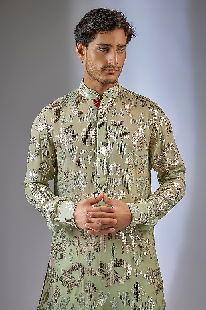 Sage Green Georgette Sequin Embroidered Kurta Set by Rabani & Rakha Men at Pernia's Pop Up Shop