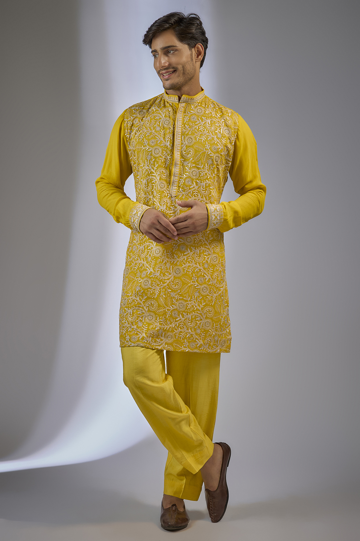 Yellow Georgette Sequin Embroidered Kurta Set by Rabani & Rakha Men