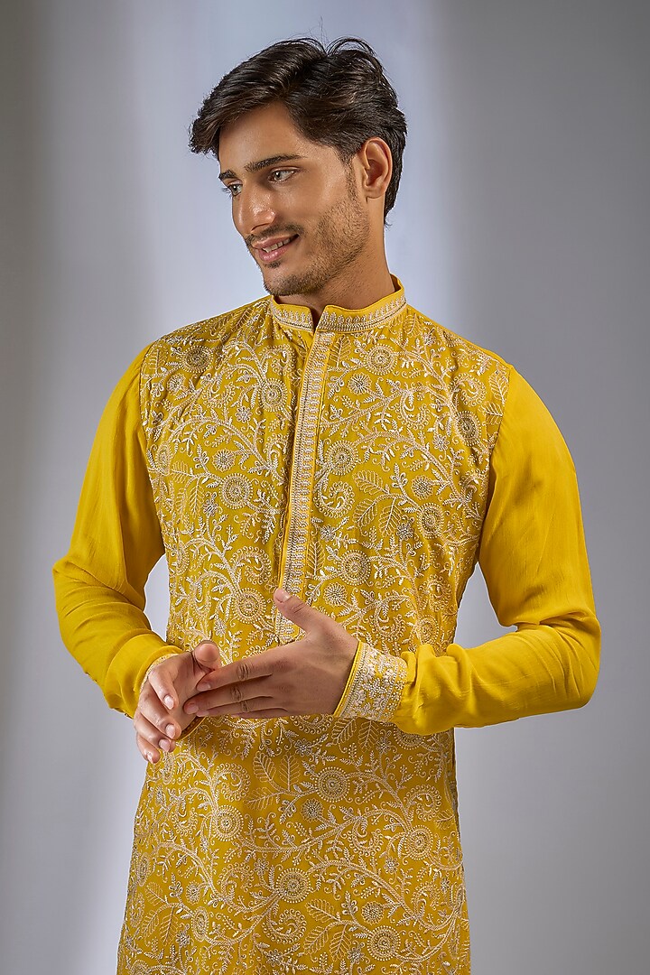Yellow Georgette Sequin Embroidered Kurta Set by Rabani & Rakha Men at Pernia's Pop Up Shop