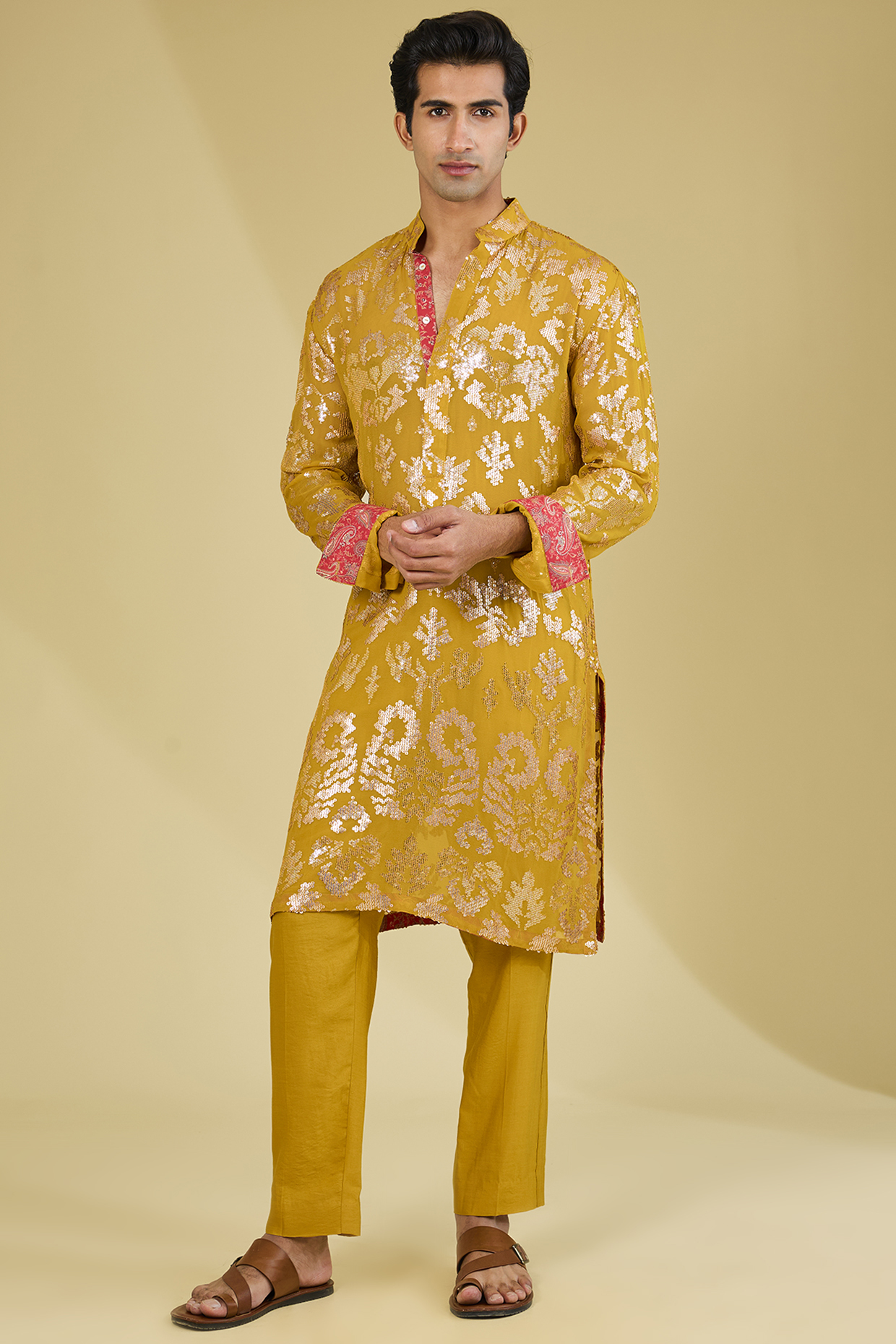 Yellow Georgette Sequins Embroidered & Printed Kurta Set by Rabani & Rakha Men