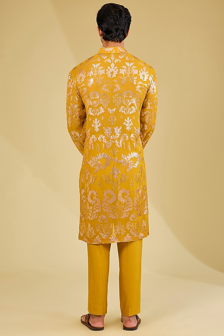 Yellow Georgette Sequins Embroidered & Printed Kurta Set by Rabani & Rakha Men at Pernia's Pop Up Shop