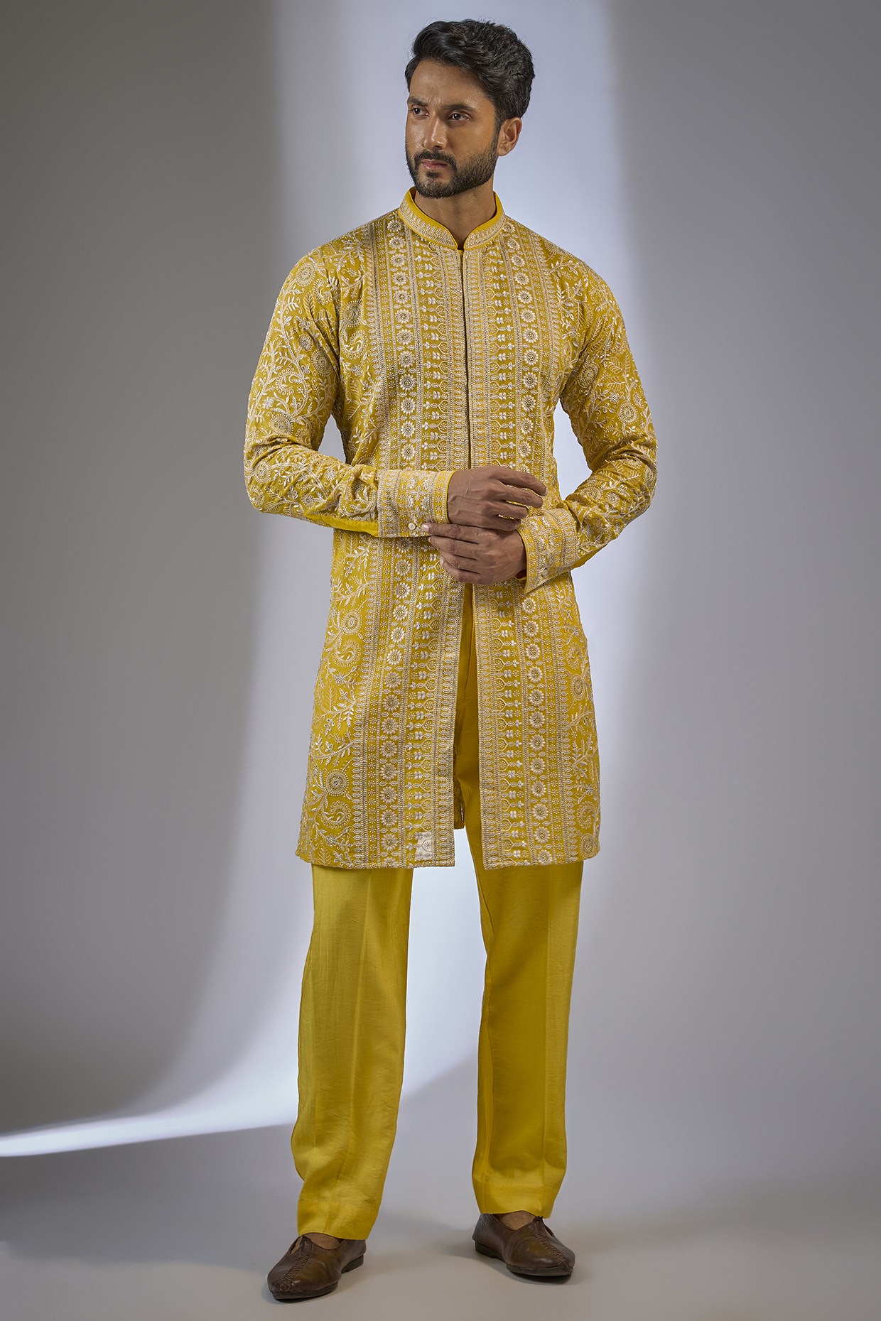 Yellow Georgette Sequin Embroidered Kurta Set by Rabani & Rakha Men