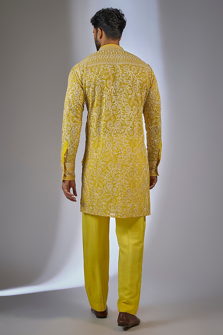 Yellow Georgette Sequin Embroidered Kurta Set by Rabani & Rakha Men at Pernia's Pop Up Shop