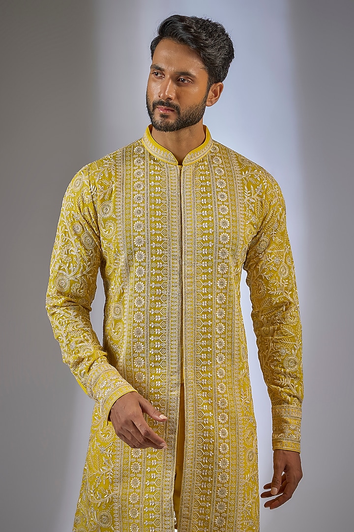 Yellow Georgette Sequin Embroidered Kurta Set by Rabani & Rakha Men at Pernia's Pop Up Shop