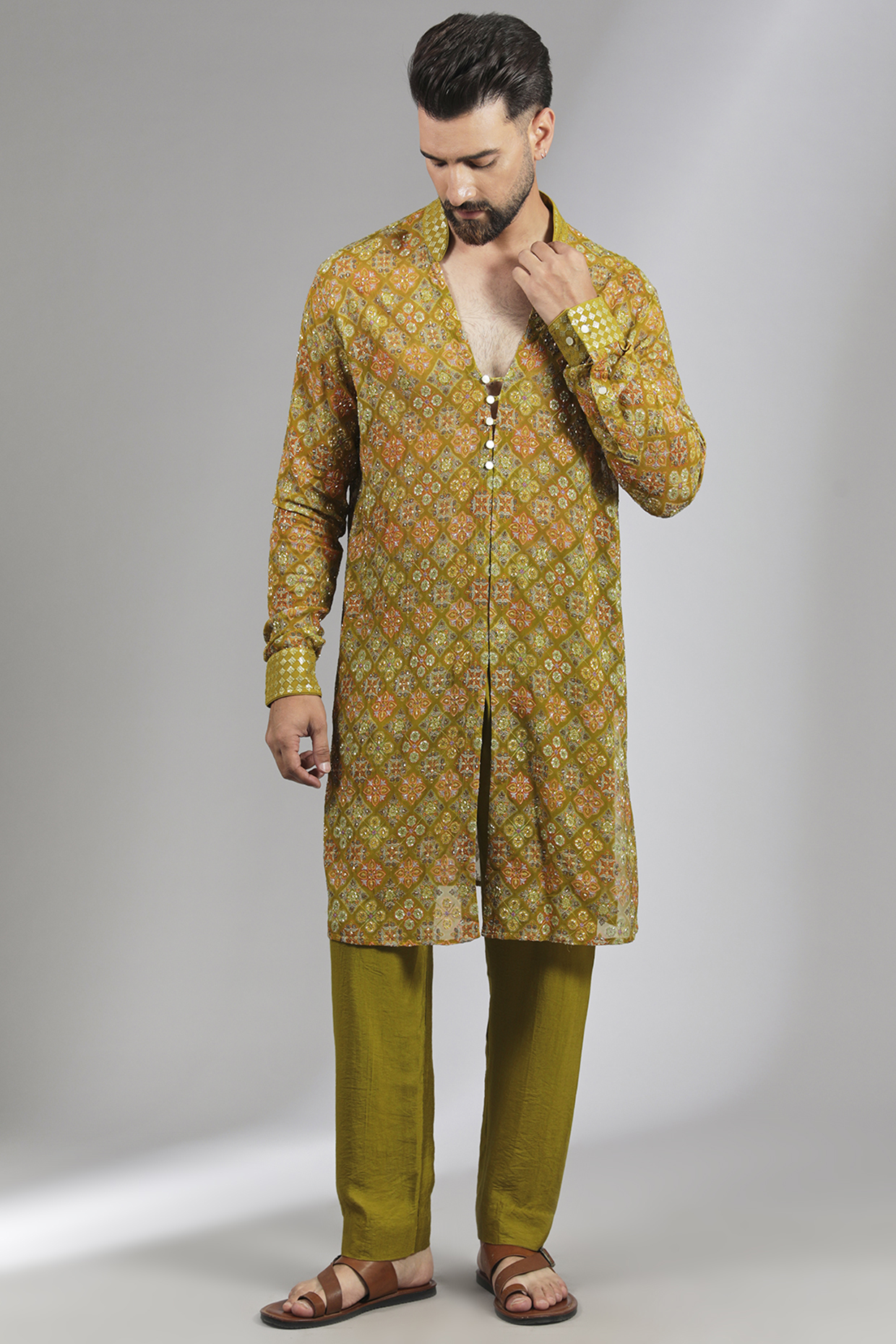 Mehendi Green Silk Kurta Set by Rabani & Rakha Men