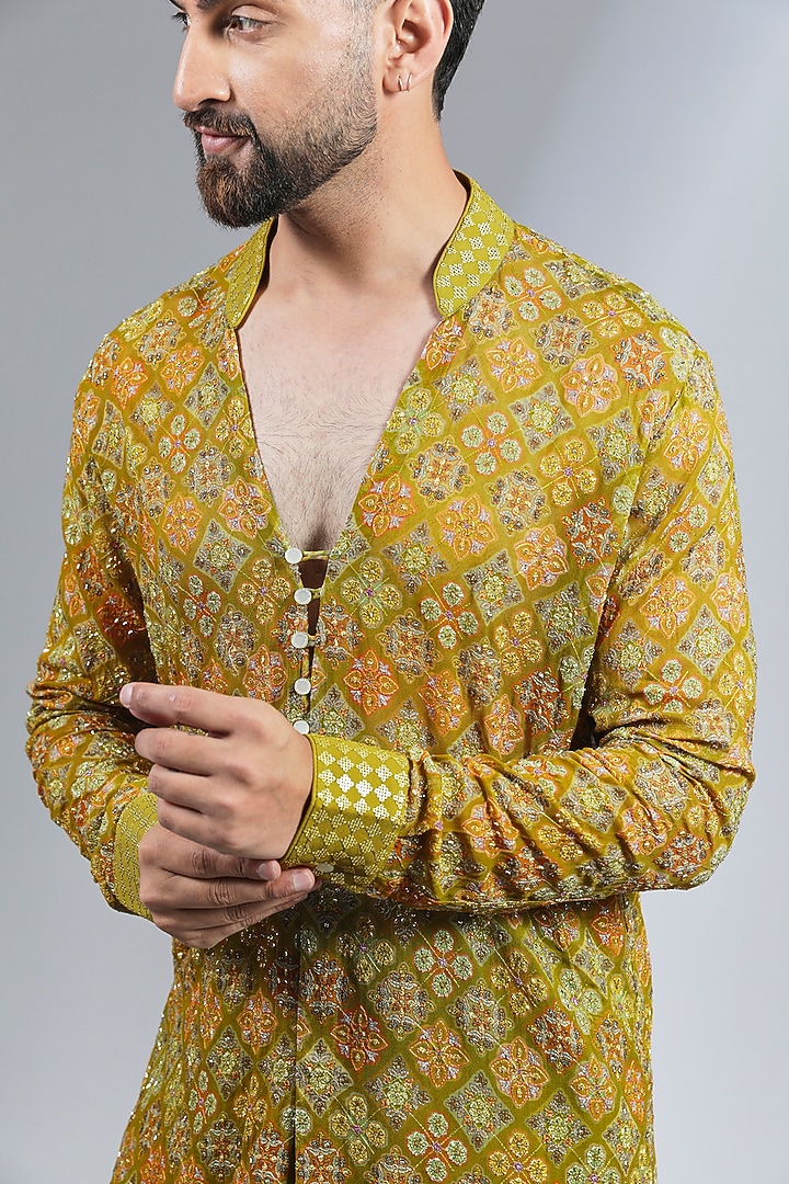 Mehendi Green Silk Kurta Set by Rabani & Rakha Men at Pernia's Pop Up Shop