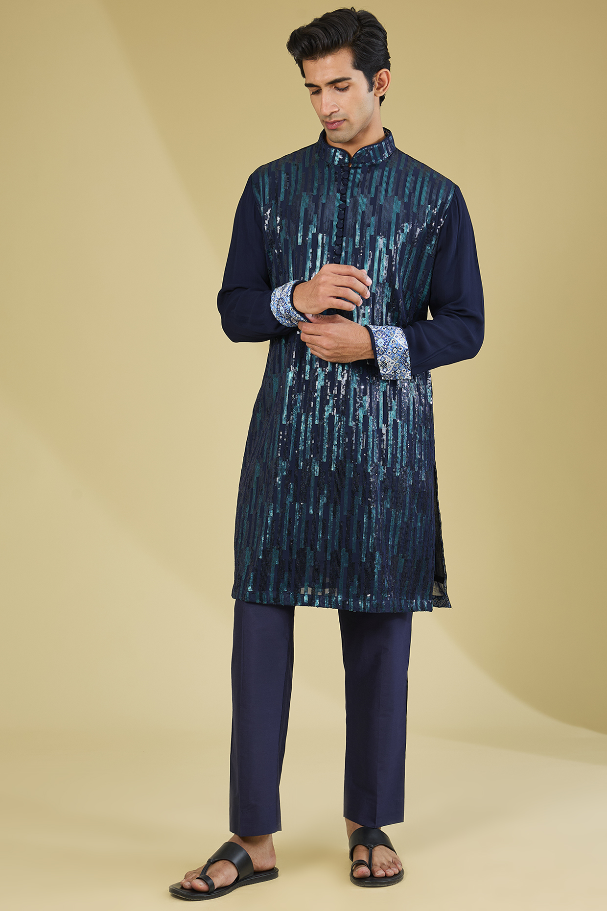 Blue Georgette Sequins Embroidered & Printed Kurta Set by Rabani & Rakha Men