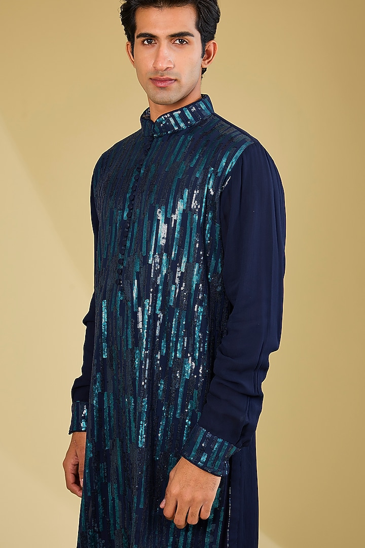 Blue Georgette Sequins Embroidered & Printed Kurta Set by Rabani & Rakha Men at Pernia's Pop Up Shop