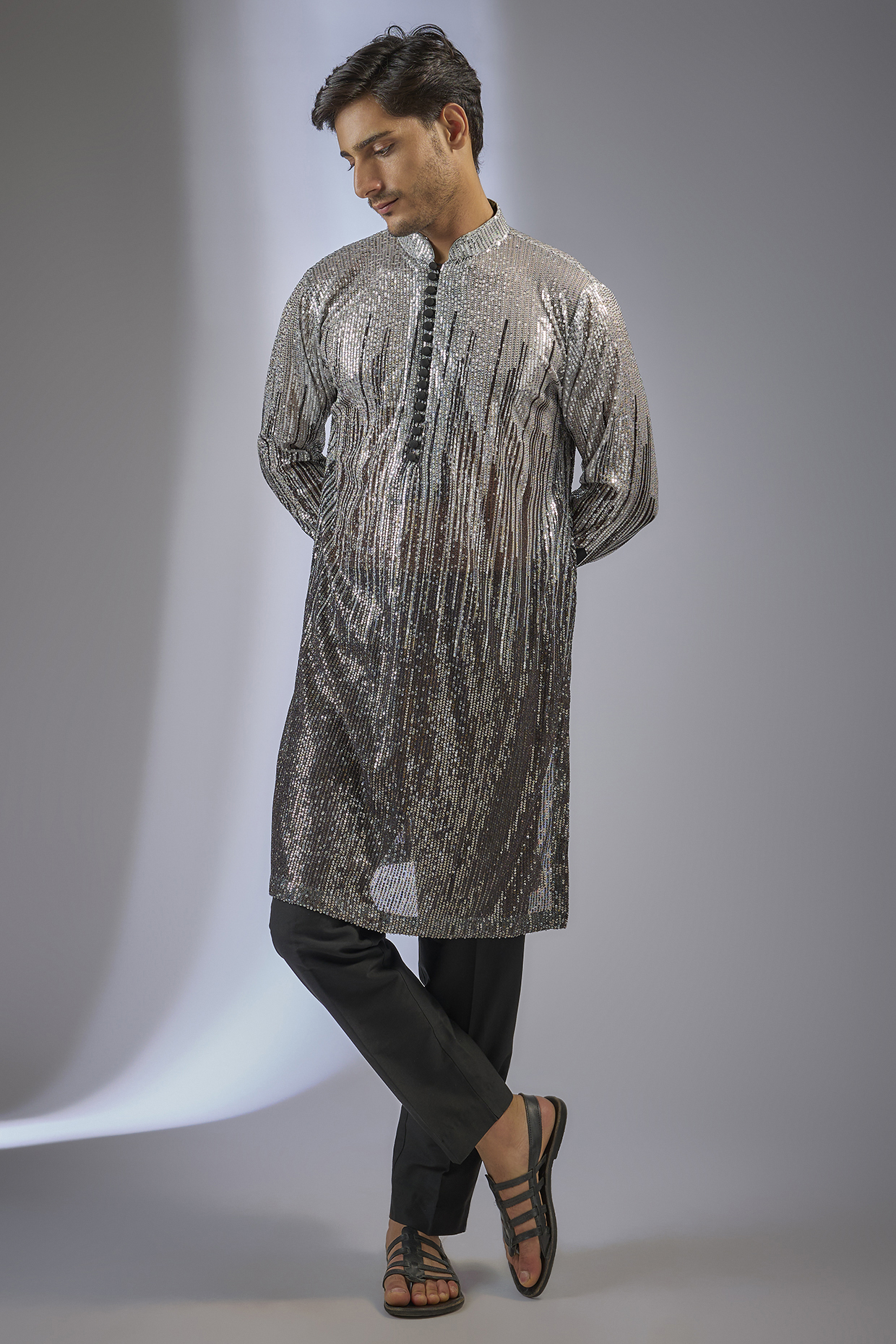 Silver Black Georgette Sequin Embroidered Kurta Set by Rabani & Rakha Men
