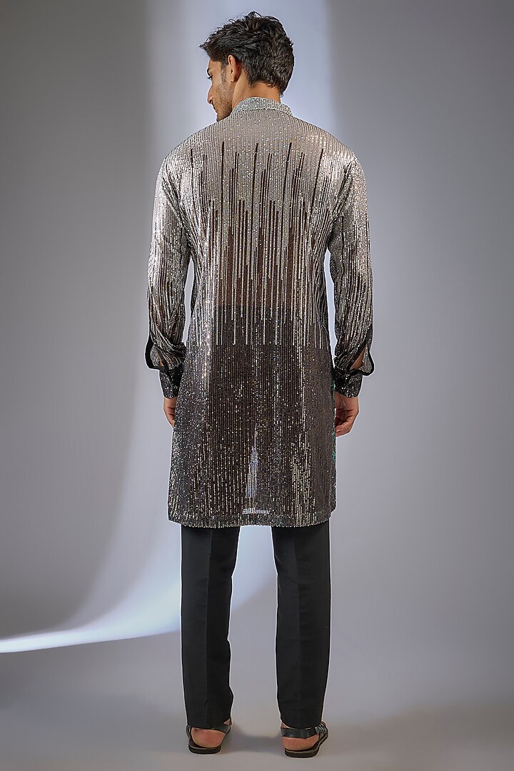 Silver Black Georgette Sequin Embroidered Kurta Set by Rabani & Rakha Men at Pernia's Pop Up Shop