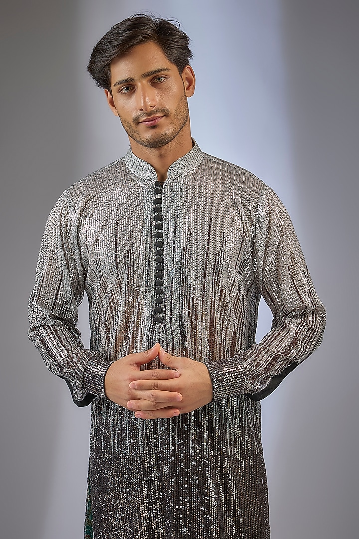 Silver Black Georgette Sequin Embroidered Kurta Set by Rabani & Rakha Men at Pernia's Pop Up Shop