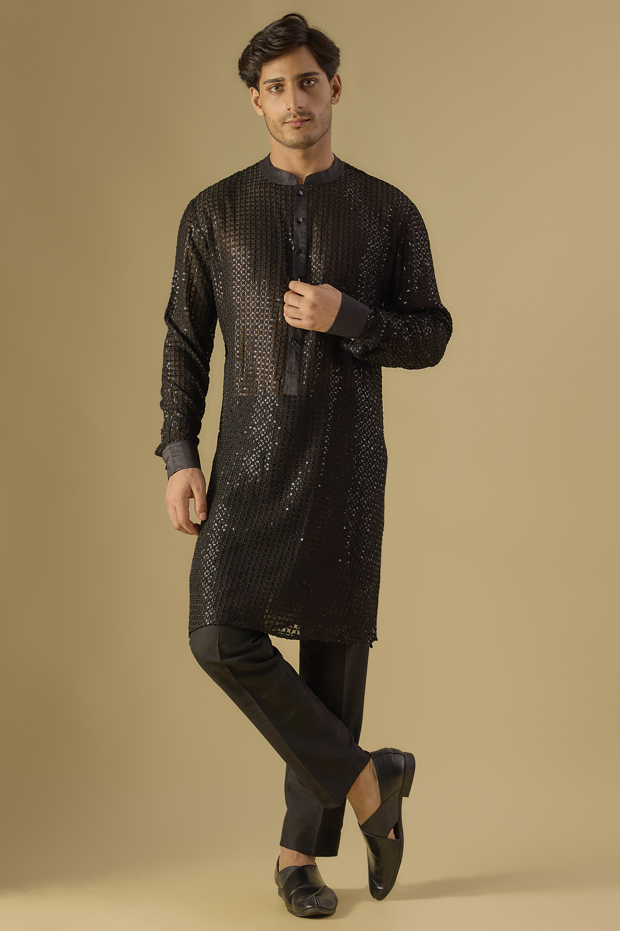 Black Georgette Kurta Set by Rabani & Rakha Men