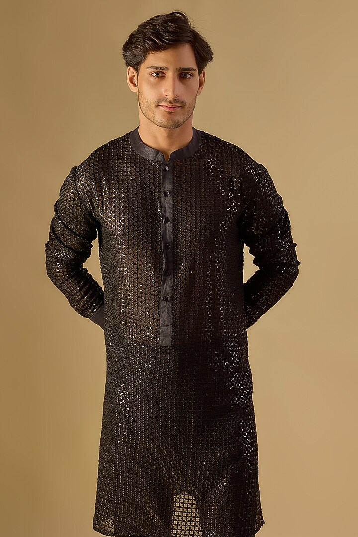 Black Georgette Kurta Set by Rabani & Rakha Men at Pernia's Pop Up Shop