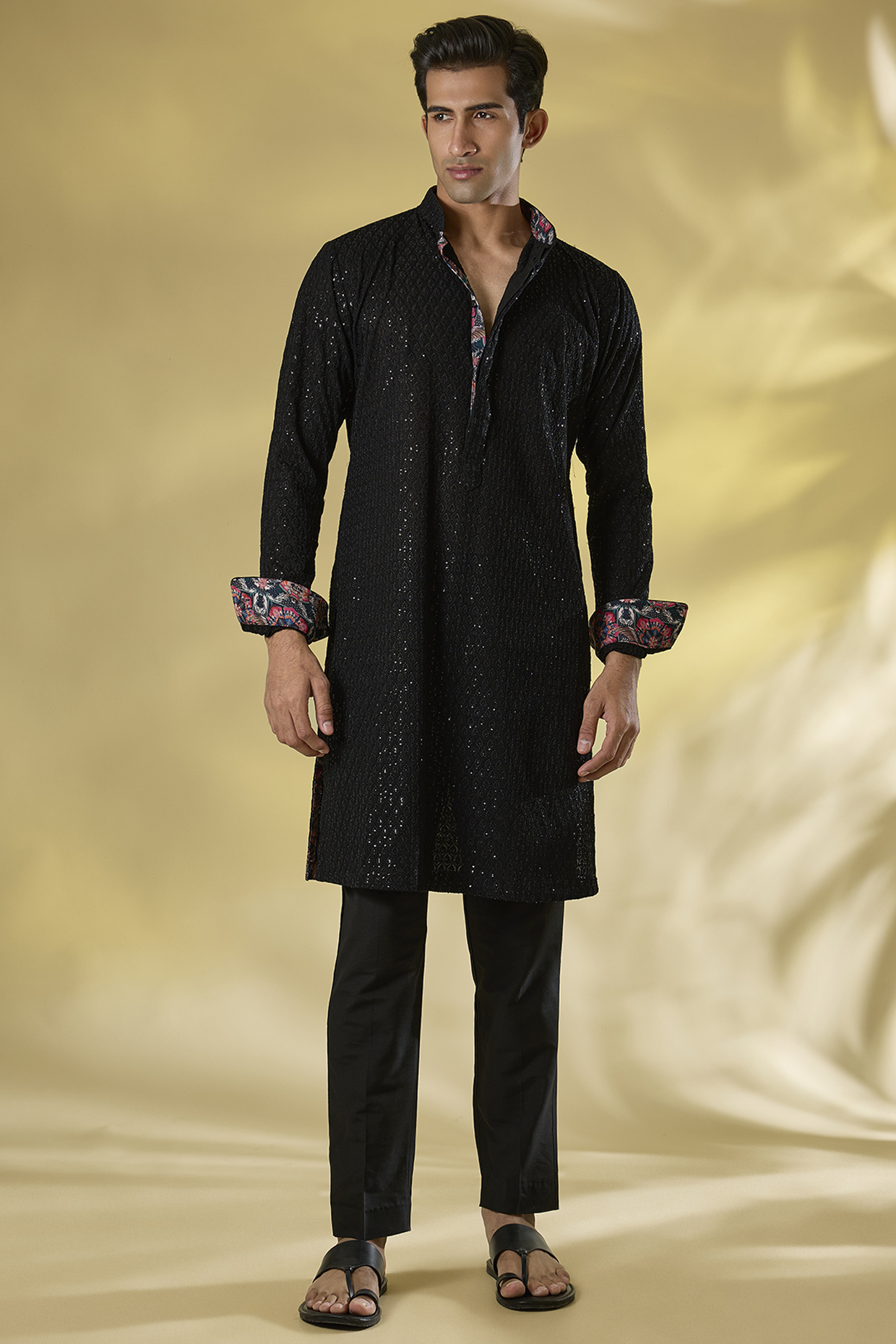 Black Georgette Kurta Set by Rabani & Rakha Men