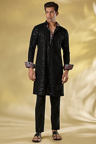 Black Georgette Kurta Set by Rabani & Rakha Men