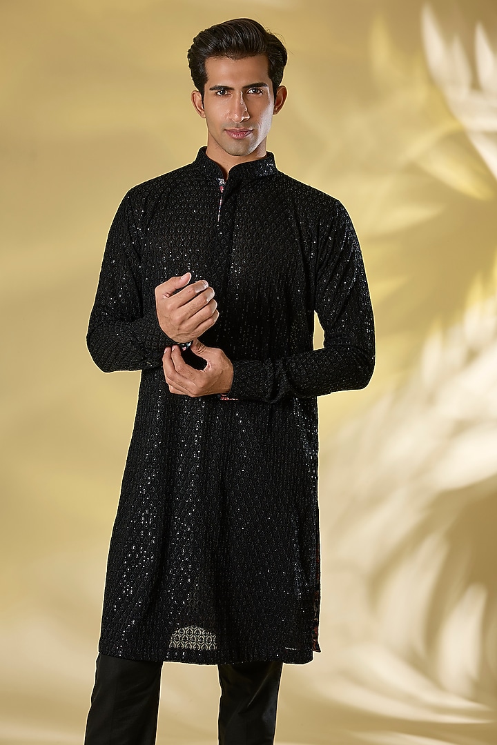 Black Georgette Kurta Set by Rabani & Rakha Men at Pernia's Pop Up Shop