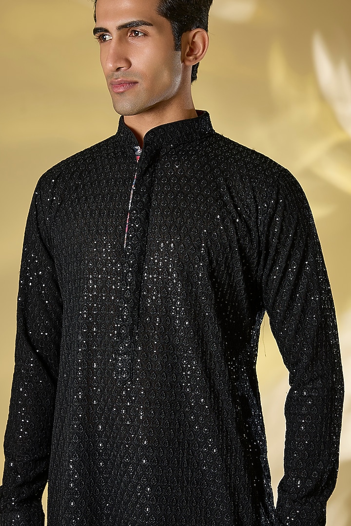 Black Georgette Kurta Set by Rabani & Rakha Men at Pernia's Pop Up Shop